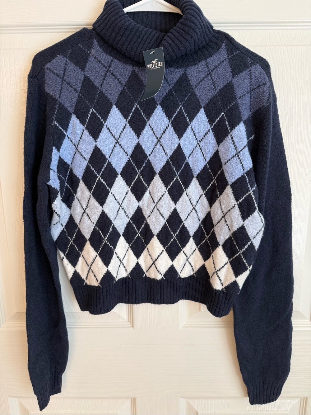 Hollister Navy Argyle Turtleneck Sweater with Light Blue and White Diamonds